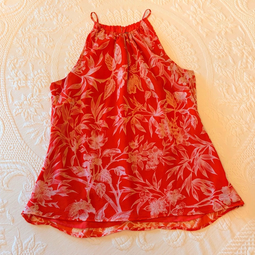 Ann Taylor Silk Halter Top Orange White Floral Print Sleeveless Blouse Size 10